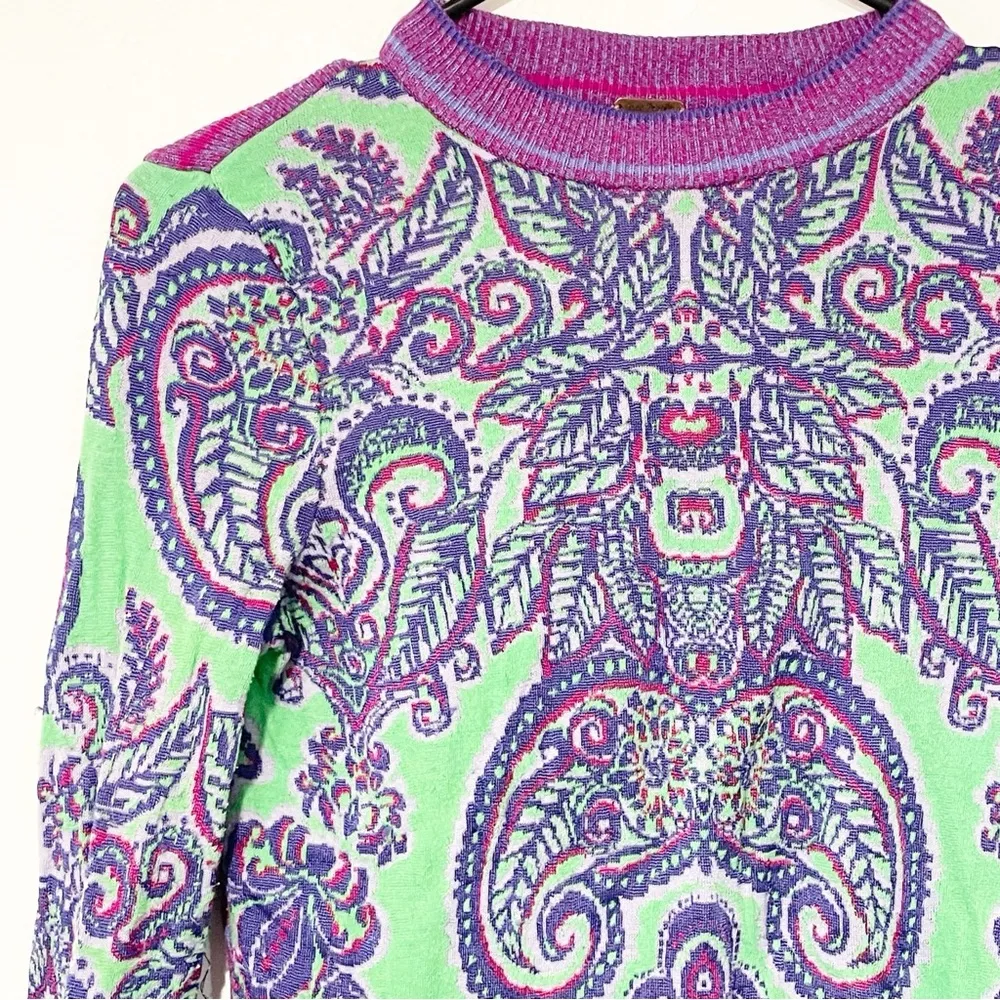 Free People Size XS Purple Green Printed New Age Cropped Sweater - Image 3