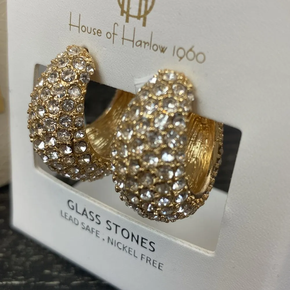 House of Harlow Gold & Rhinestone Glass Stones Hoop Pierced Statement Earrings - Image 3