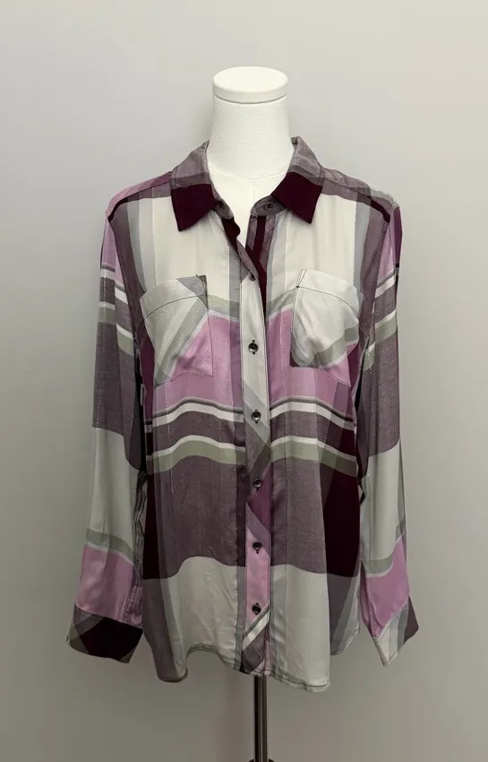 Christopher & Banks Shirt Button-Up Pockets Lightweight Plaid Sparkle Wine Grey - Image 1