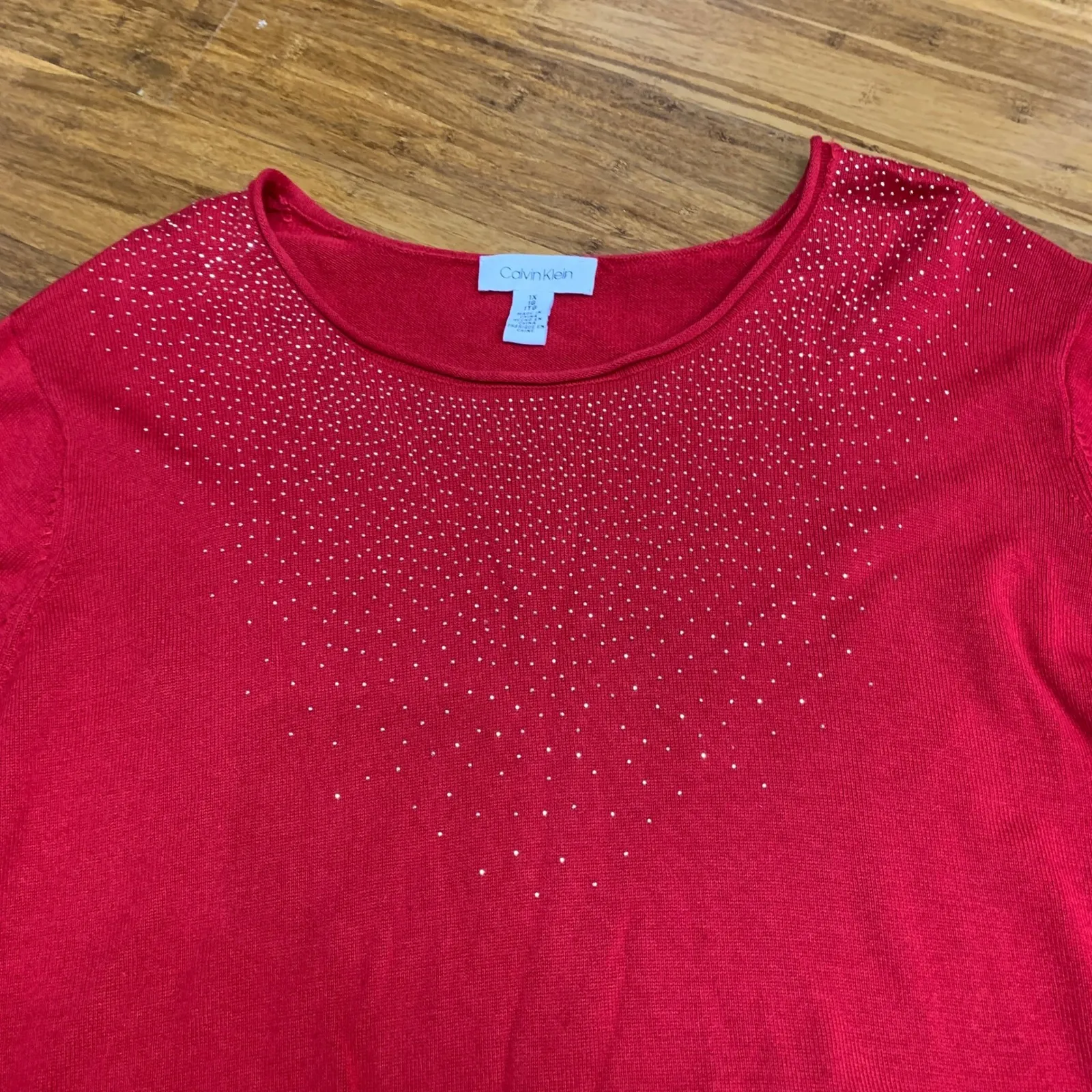 Calvin Klein Red Rhinestone Embellished Crew Neck Sweater Top Women Plus Size 1X - Image 2