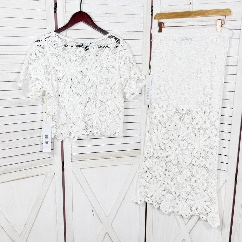 Lumiere Crochet Lace Crop Top Midi Pencil‎ Skirt Set White Large Boho - Image 9