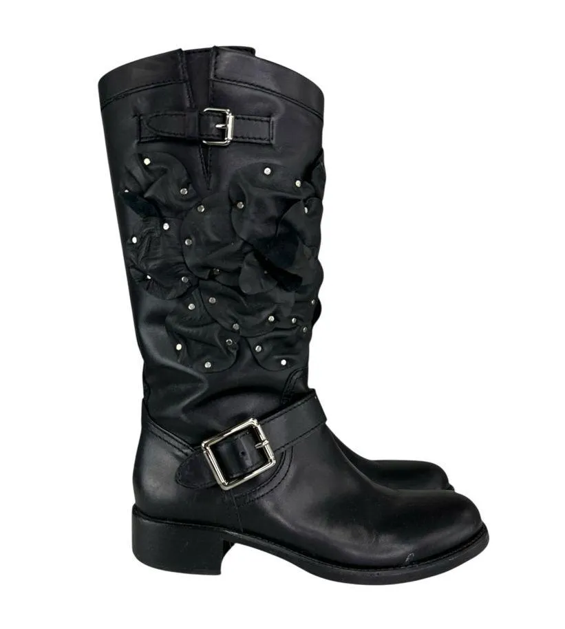 Valentino Black Studded Floral Applique Biker Boots Size 38 - Image 4