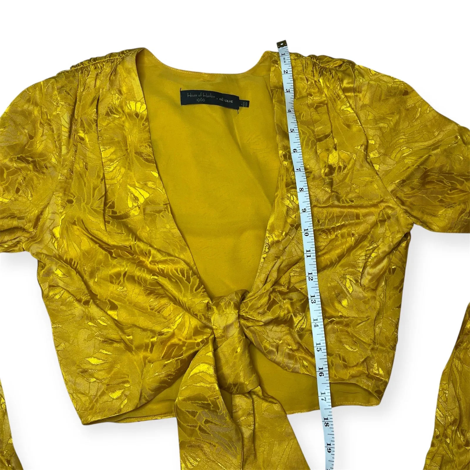 House of Harlow 1960 x Revolve Gold Metallic Tie Front Blouse Bell Sleeve Top S - Image 8