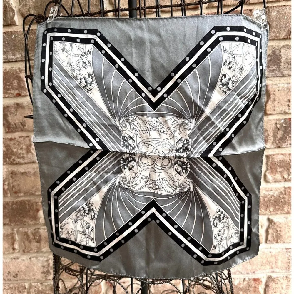 Vintage Neck Scarf Silver Black Floral Art Deco Hand Rolled Hem Korea Co… - Image 2