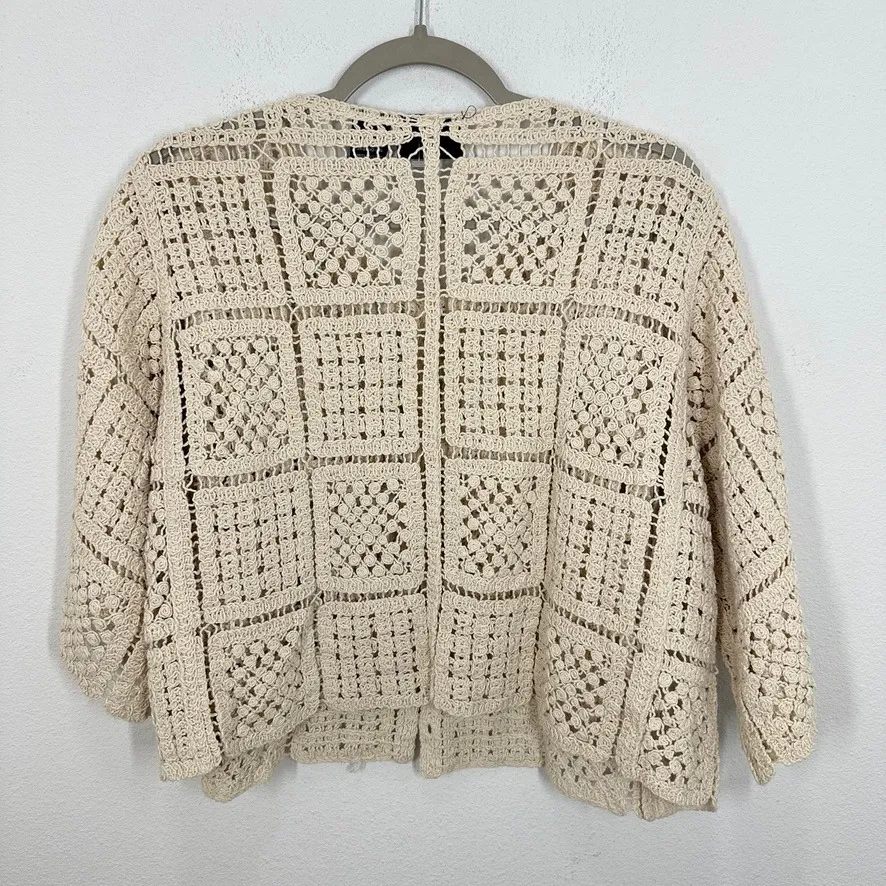 LIV LOS ANGELES Cream Patchwork Crochet Knit Open Front Cardigan Sweater Tan Size 1X - Image 9
