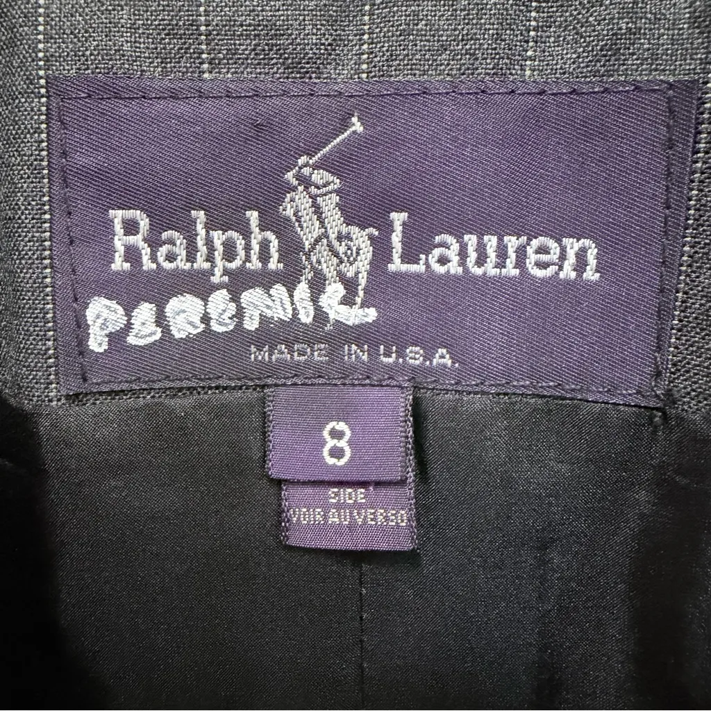 Vintage Ralph Lauren Purple Label Grey Pinstriped Blazer, 100% Wool, Size 8 - Image 9