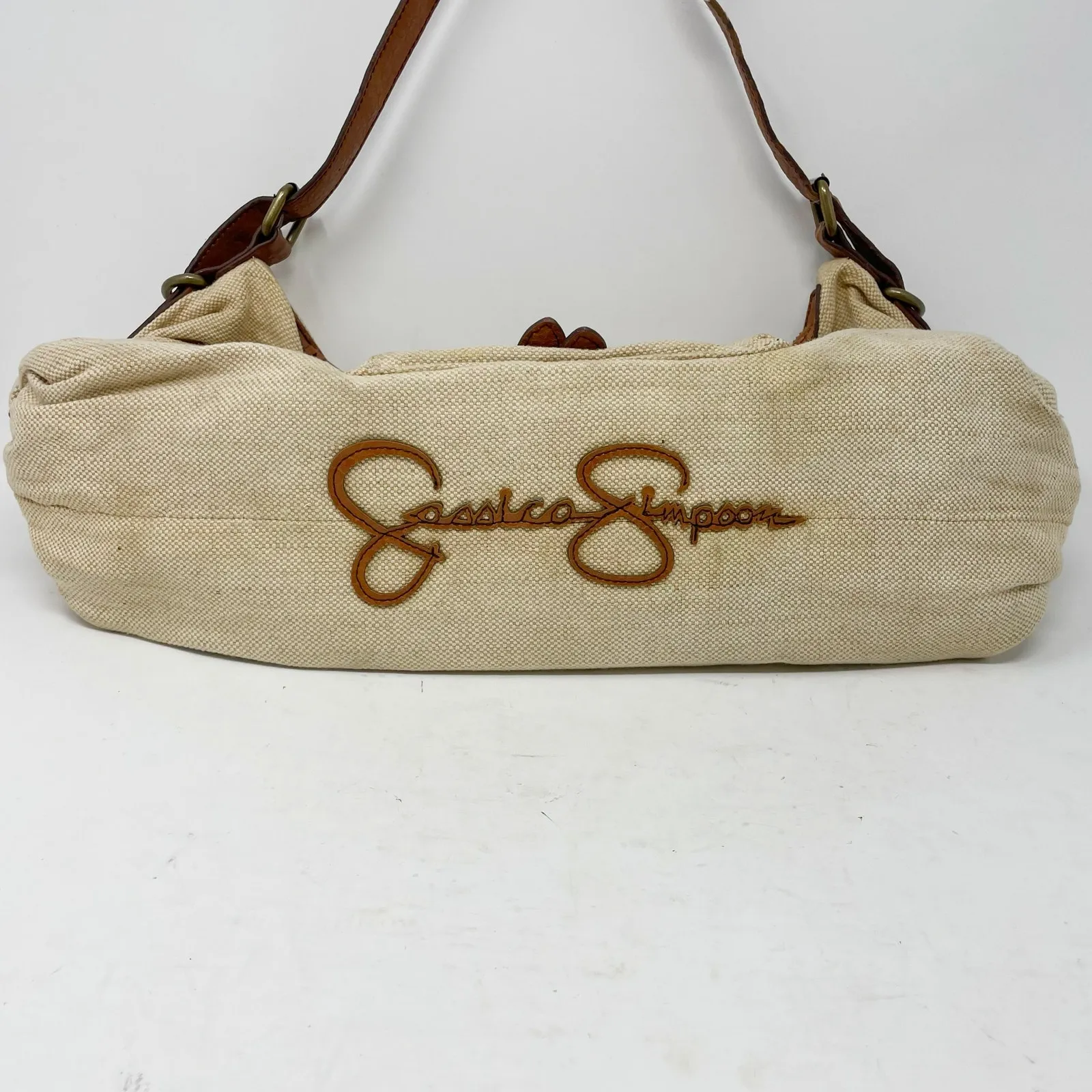 Jessica Simpson Y2K Linen & Faux Leather Baguette Bag - Image 4