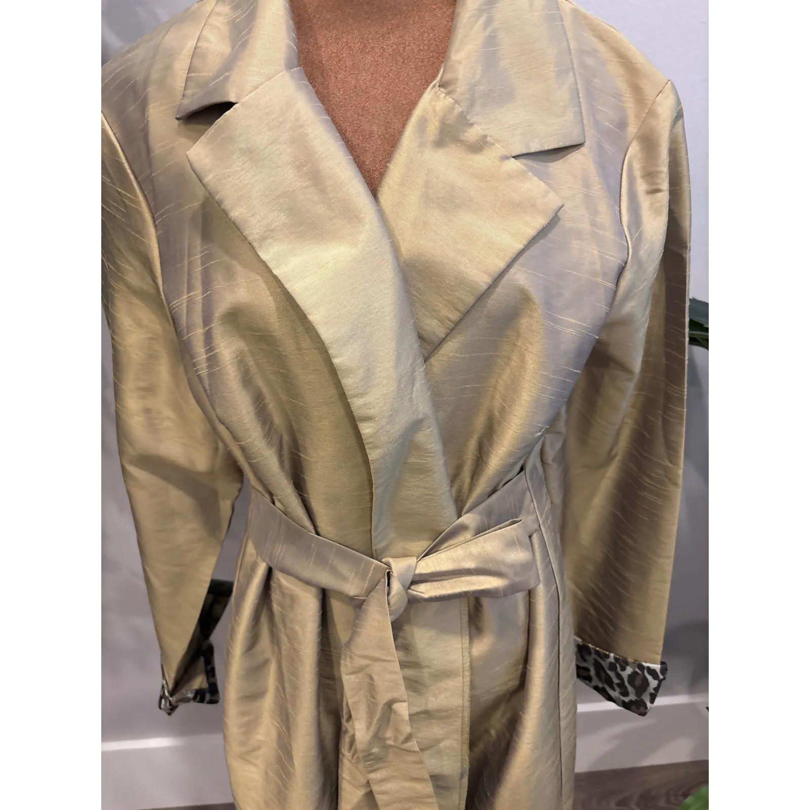 Ashley Stewart Womens Olive Green Leopard Trim Trench Coat Belted Duster - Image 3