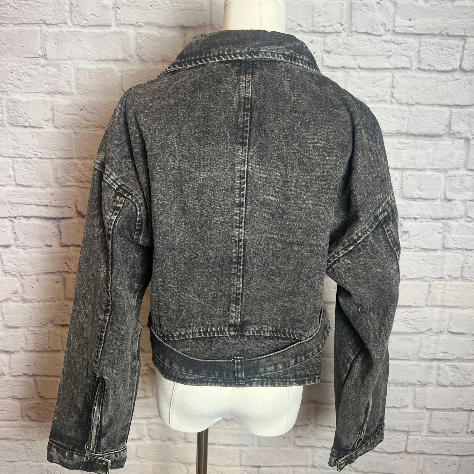Andrée Women's Large Black Washed Denim Moto Jacket Zip Front Grungecore Biker - Image 4