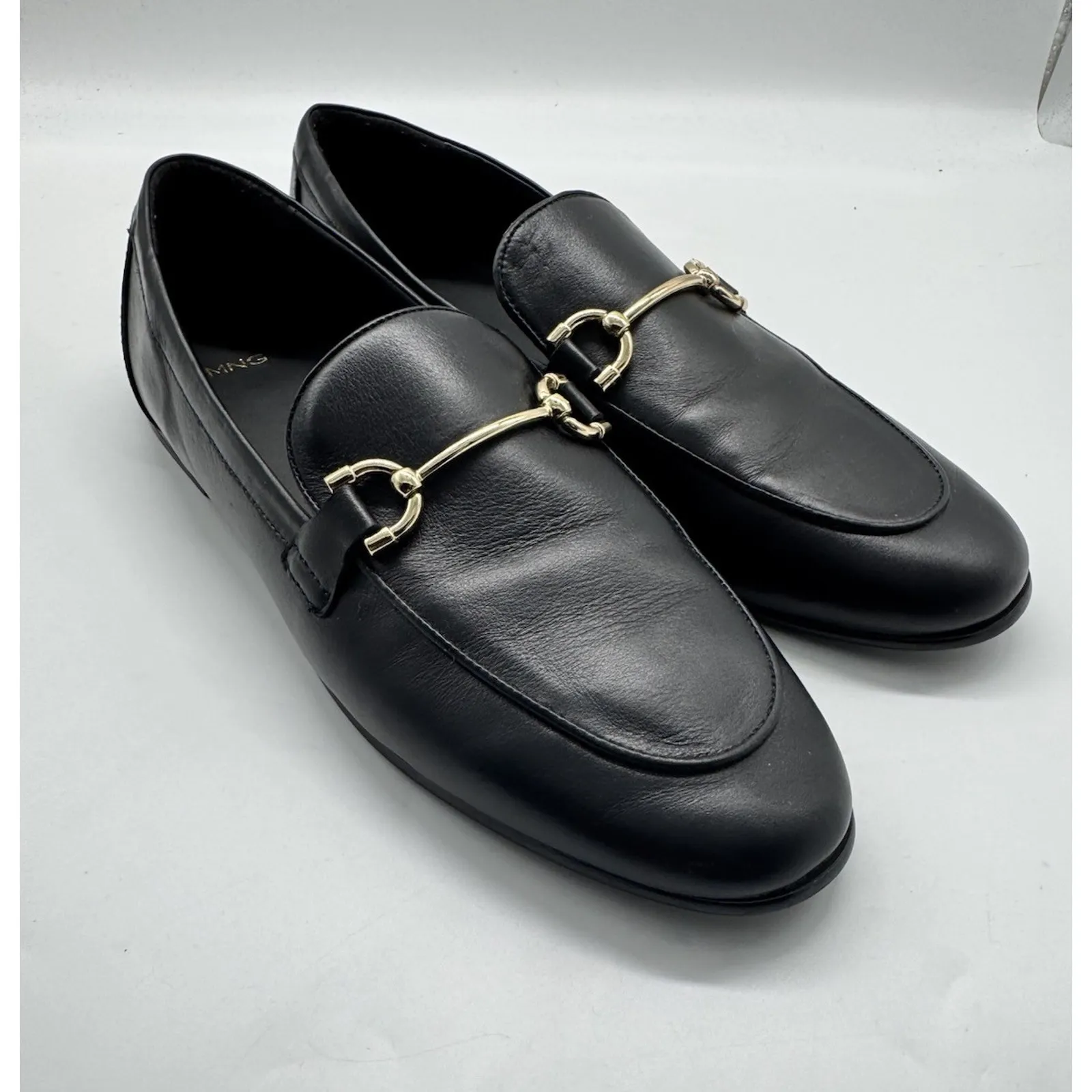 Mango Black Leather Loafers Gold Buckle Details Womens US Size 10 Euro 41 - Image 5