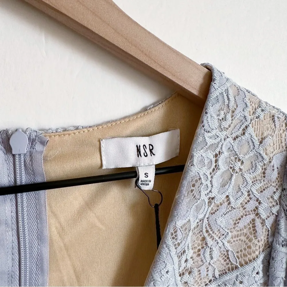 NSR Short Puff Sleeve Knit Lace Overlay Midi Dress Light Blue Cream Size S - Image 9