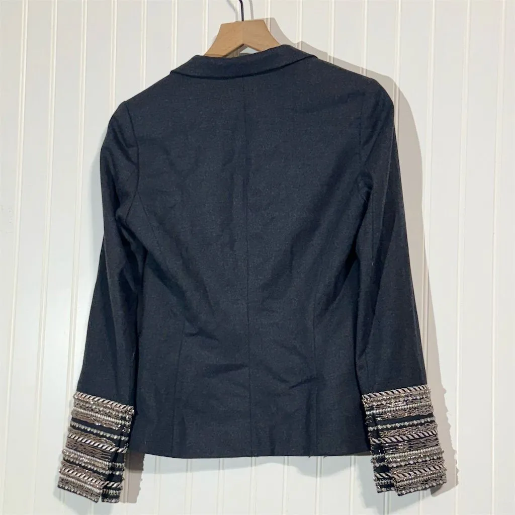 Elizabeth and James Black Wool Blazer 2 Officecore Luxe Embellished Cuffs Trim - Image 3