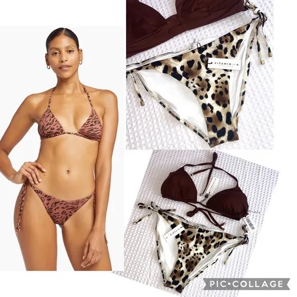 VITAMIN A ELLE Side Tie String Bikini Bottoms Size 14DD Leopard Cream Black Tan - Image 2