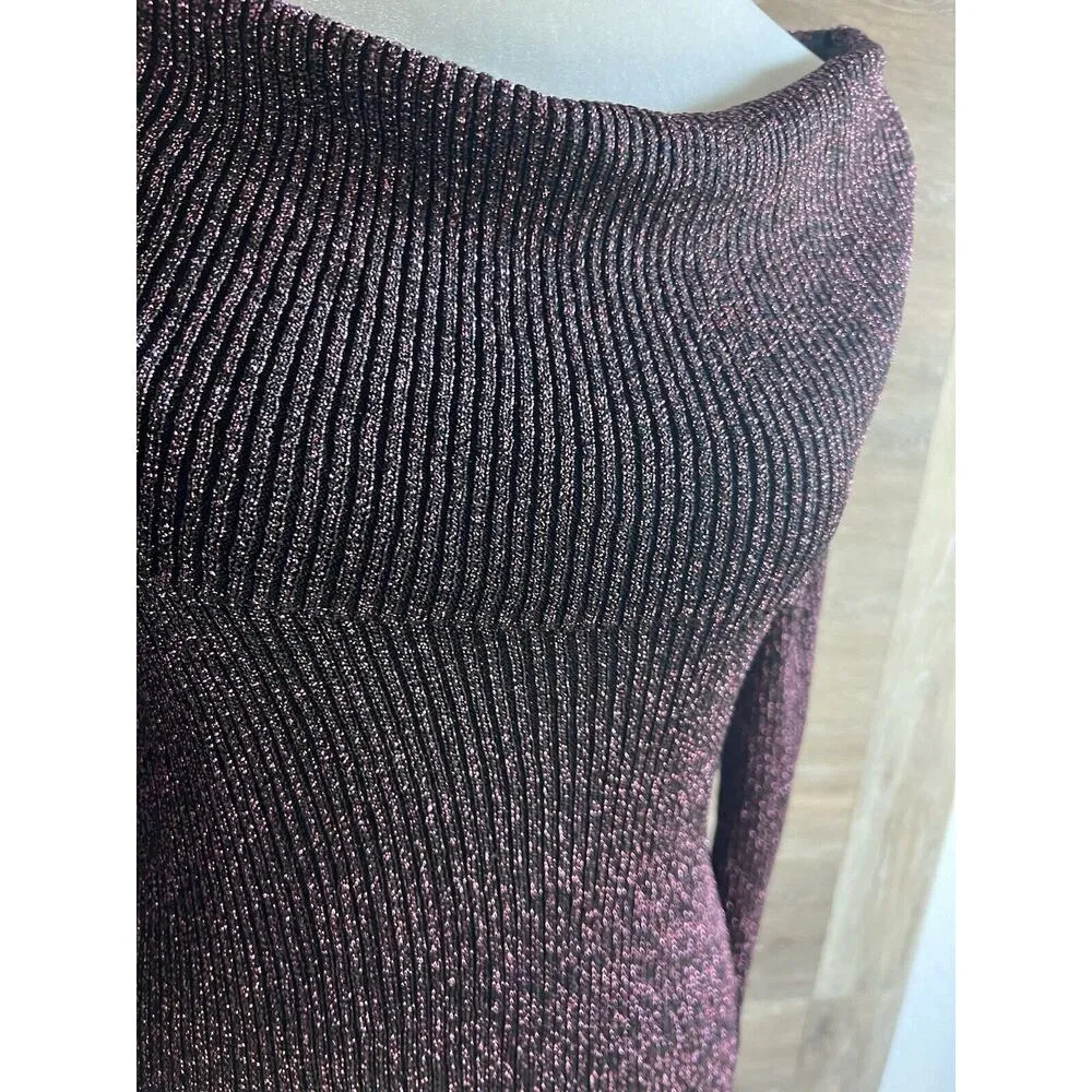 BCBG MAX AZRIA LAURIE OFF THE SHOULDER SWEATER DRESS LARGE METALLIC BURGUNDY - Image 7