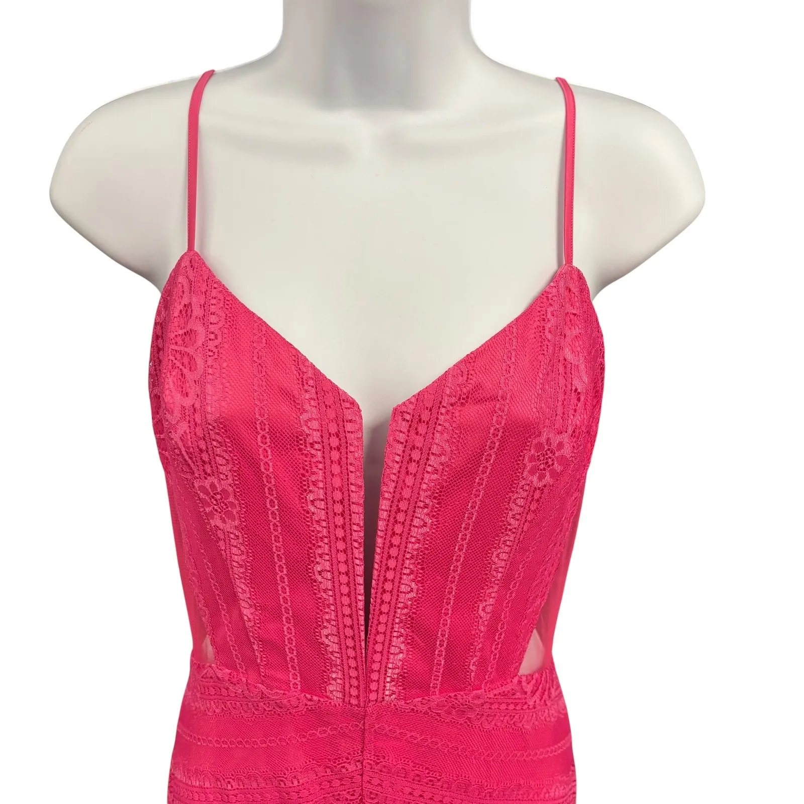 bebe Andie Sheer Striped Lace Gown Dress‎ Hot Pink Size 10 Sleeveless Evening - Image 3