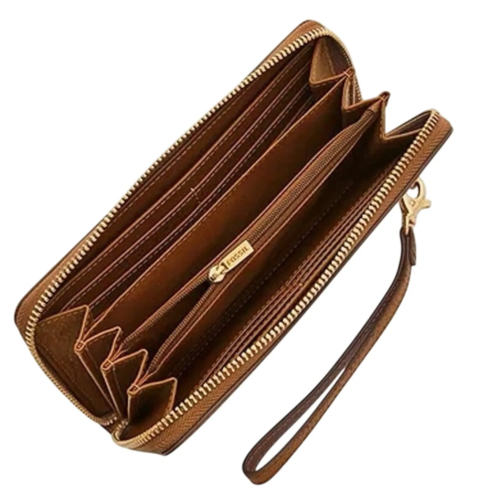 Fossil Wallet Logan RFID Zip Clutch Saddle color Leather gold hardware wristlet - Image 2