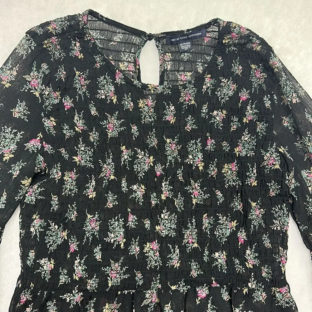 American Eagle Floral Bohemian Bell Sleeve Shirt Women’s Sz XSmall Sheer Flowy - Image 5