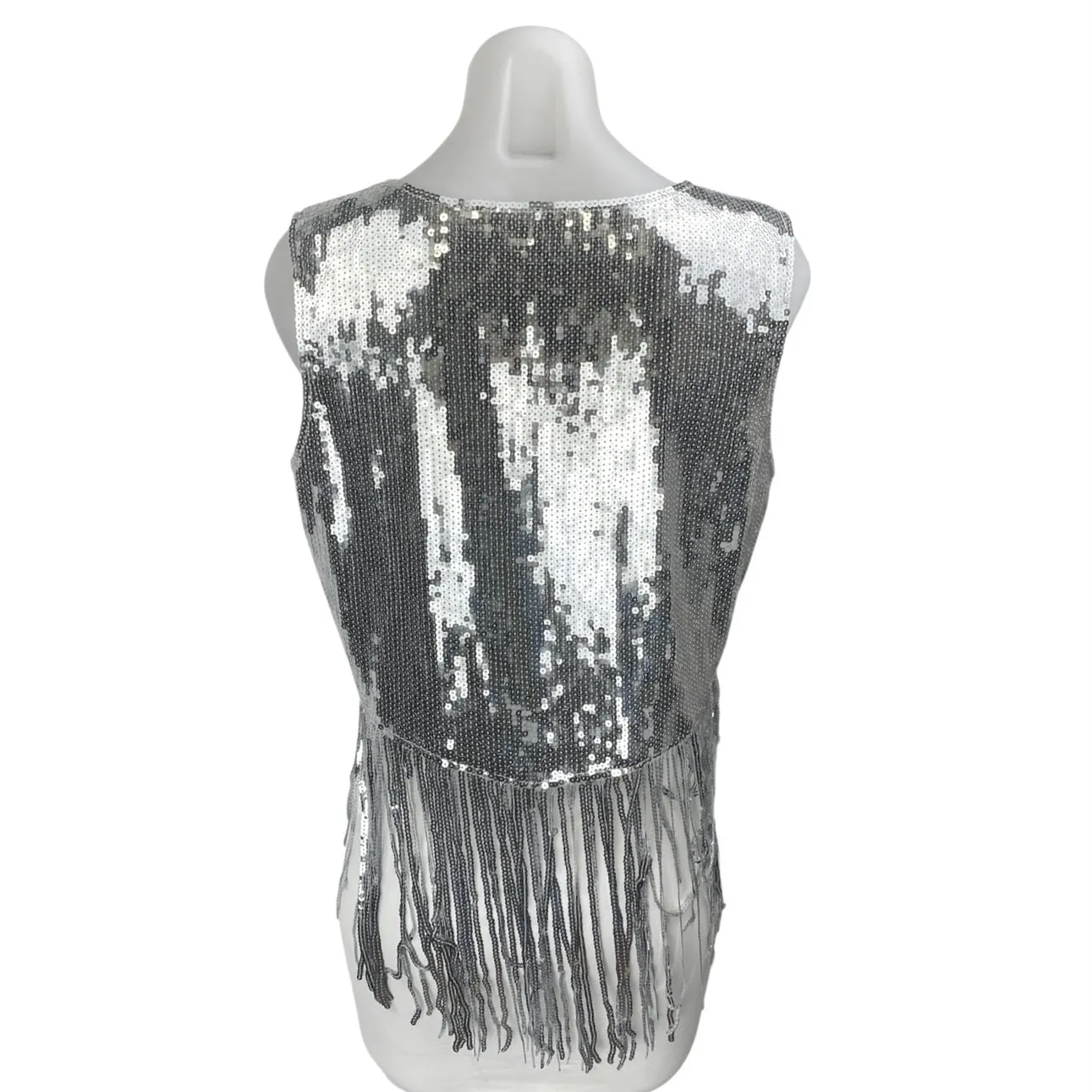 Women's Silver Sequin Sparkly Fringe Cowboy Sleeveless Y2k Vest Jacket Size S - Image 2