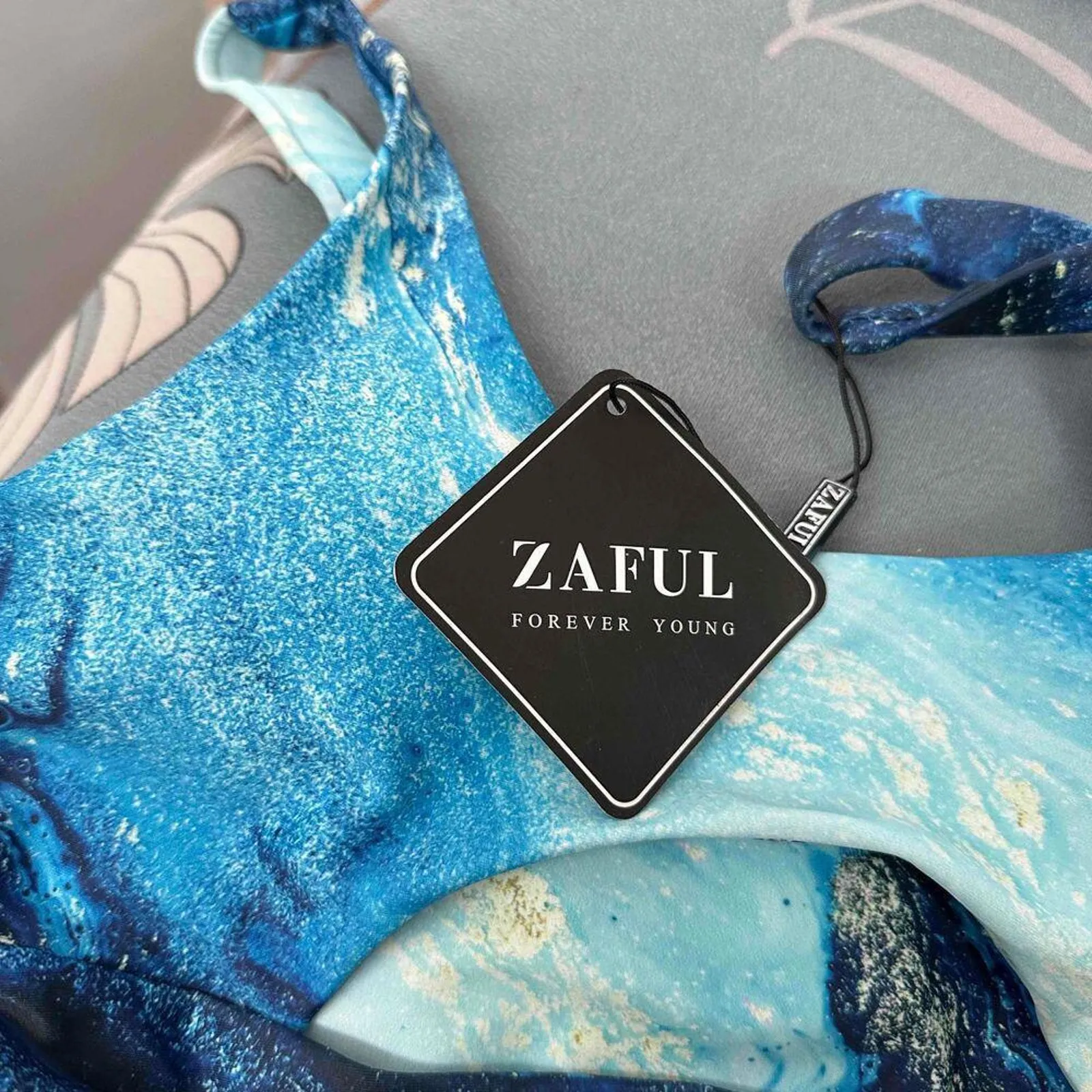 Zaful‎ Women's Cut Out Blue Marble Galatic Space Print Swim Top Small NWT - Image 5