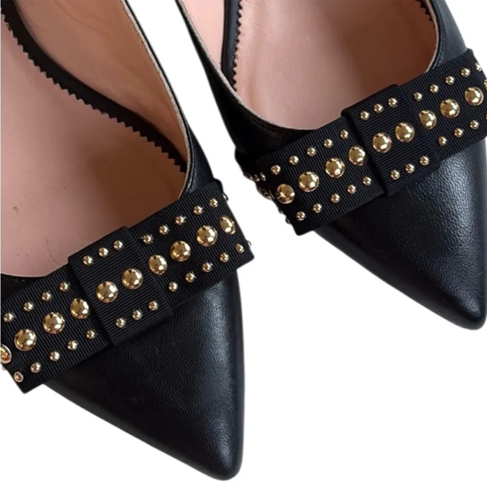 EUC J. Crew Leather Gwen Sling Back Gold
Studded Bow Flats Black Size 8 - Image 8