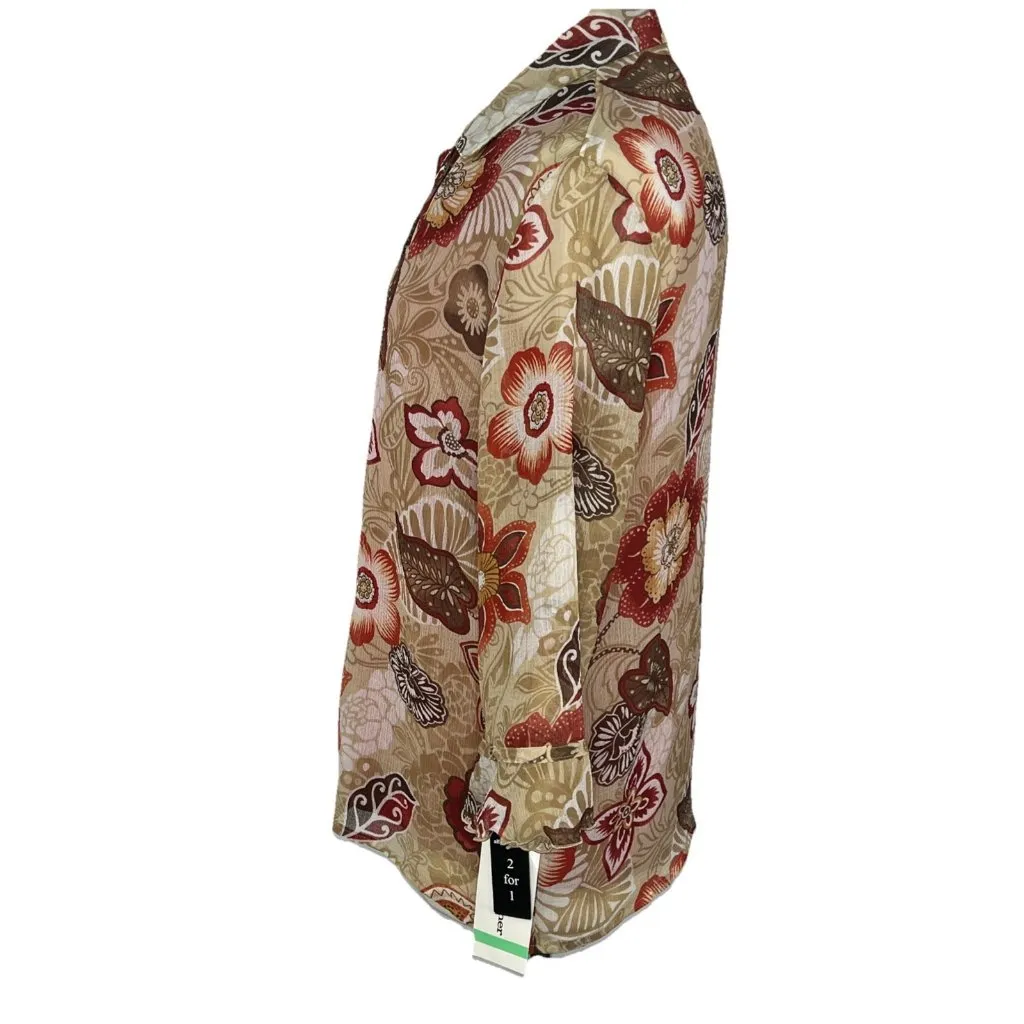 Alfred Dunner Sz 8 2 For 1 Top Blouse Autumn Floral Colors Button Front w/ Cami Orange - Image 3