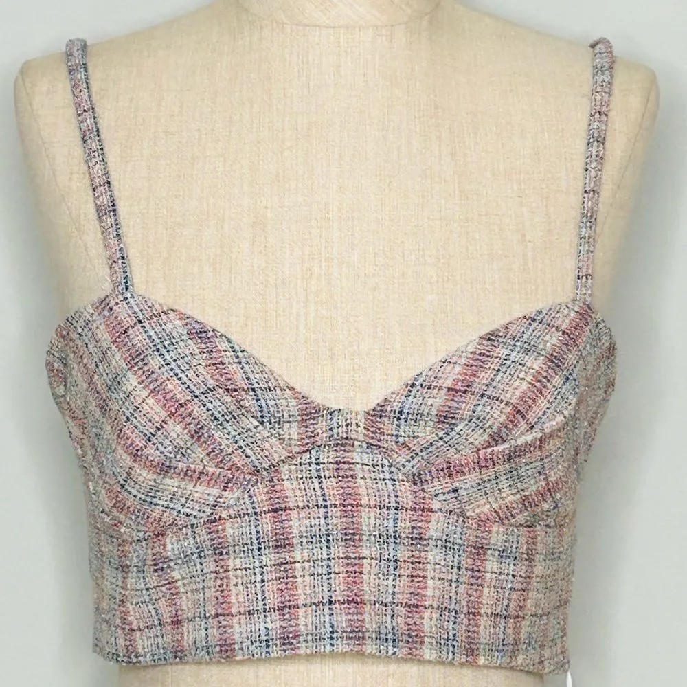 NEW Zara Tweed Boucle Knit Corset Crop Top Bralette Pink & Blue Metallic Medium - Image 11