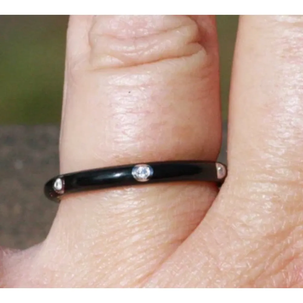 Black Ceramic Pave’ Diamond Sterling Silver‎ Band Ring, Size 7 - Image 11