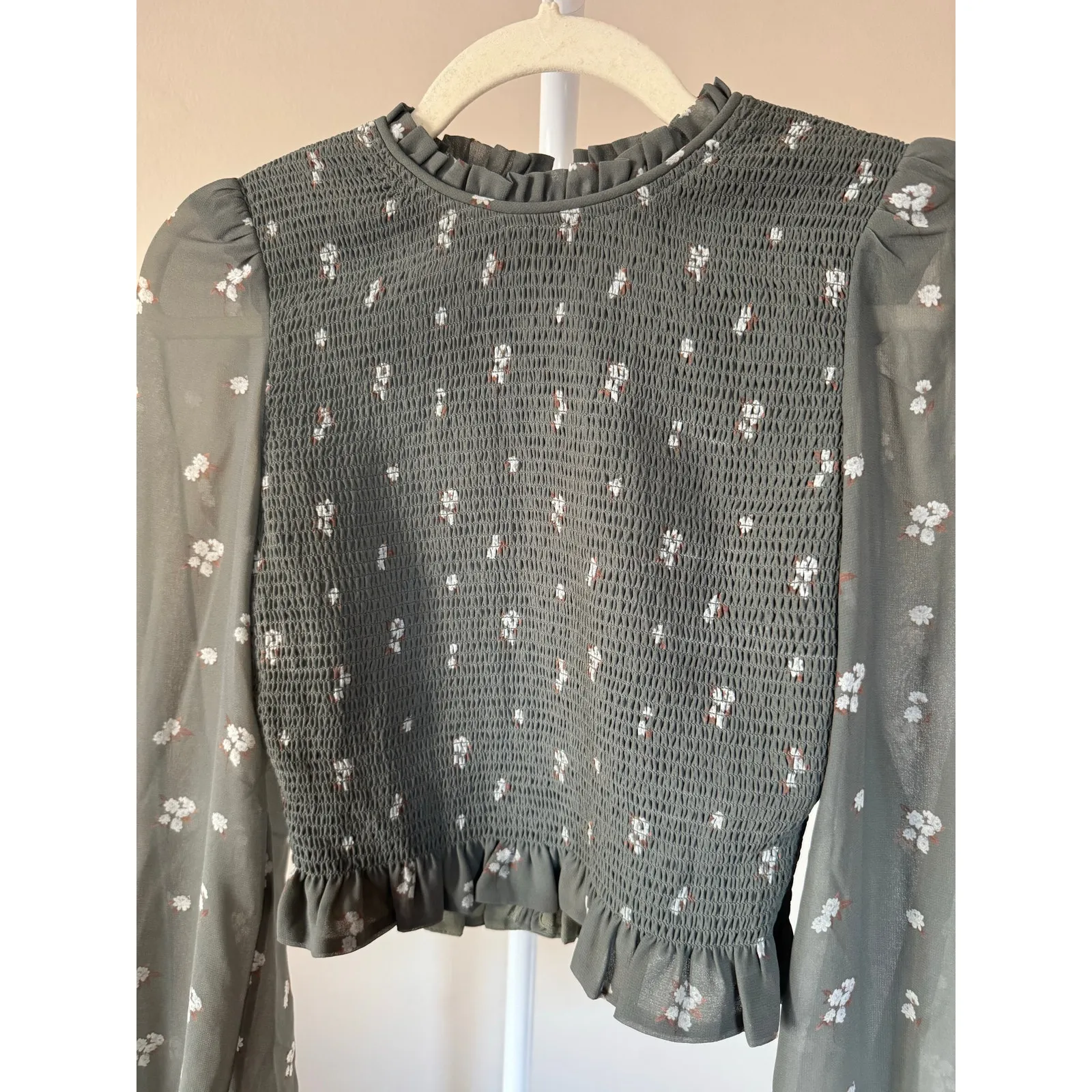 Wilfred Aritzia Fairycore Bohemian Cottagecore Green Floral Smock Long Sleeve S - Image 2