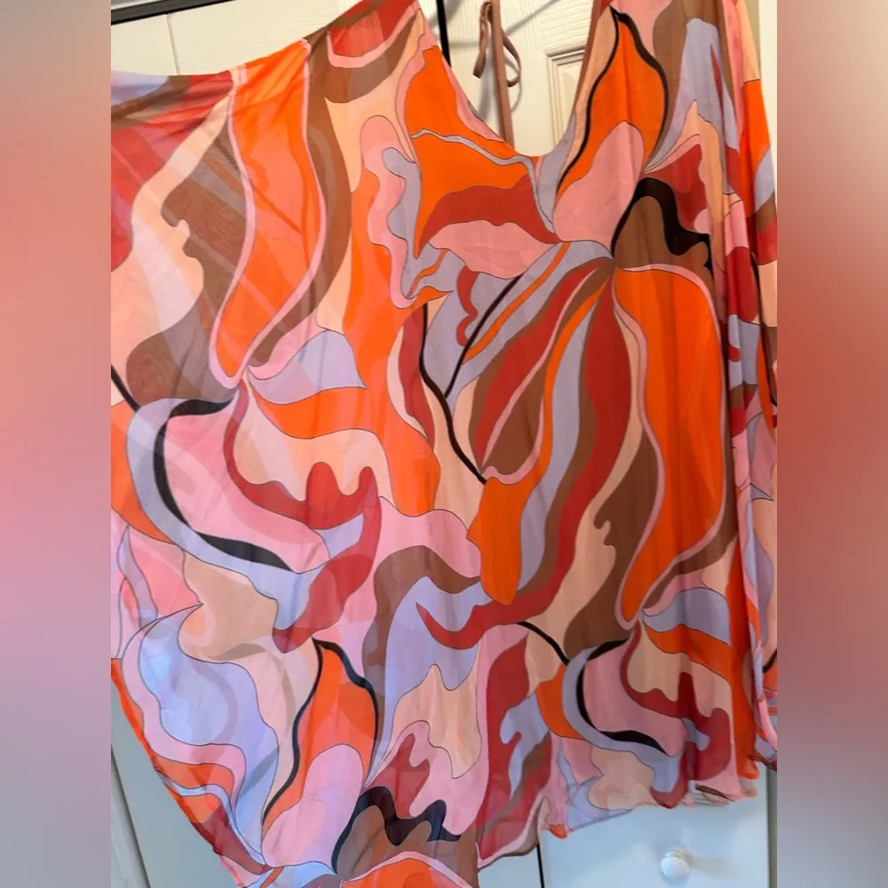 Vibrant Multicolor Cold Shoulder coverup Dress with nude slip inside size L Red Size L - Image 2