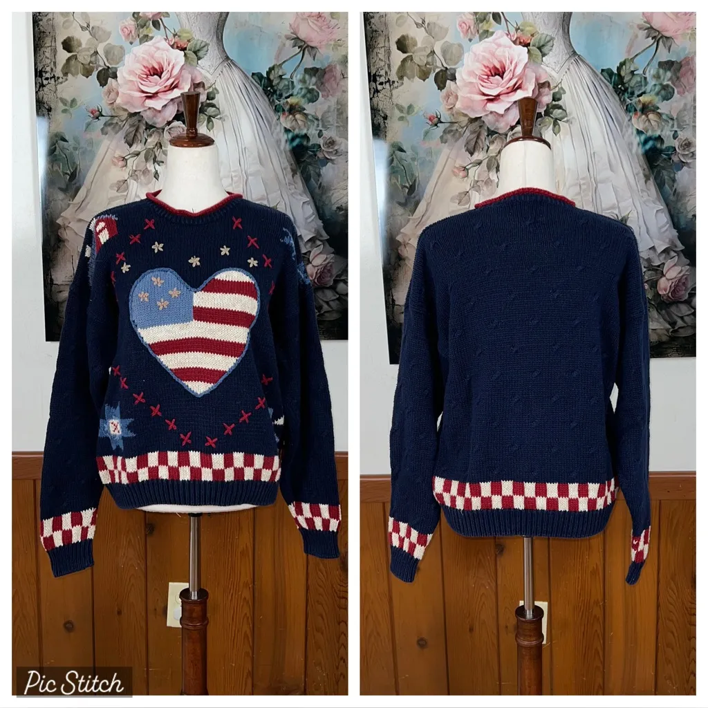 Darling Vintage 90s Countryside Classics Hand Embroidered Cotton Sweater! Blue Size XL - Image 2