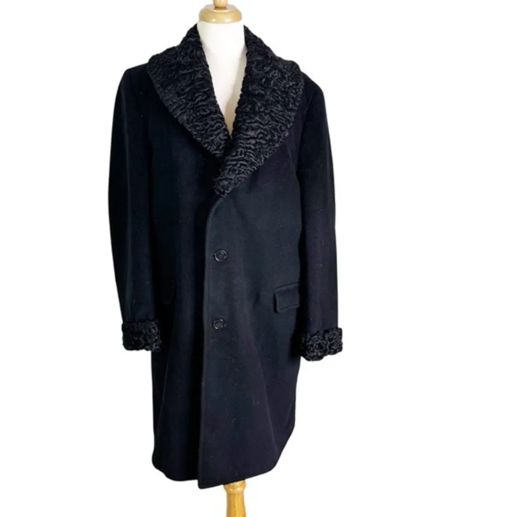 Vintage Cashmere Coat with Persian Lamb Trim 50’s Black Size M Men’s L Women’s Size L - Image 2