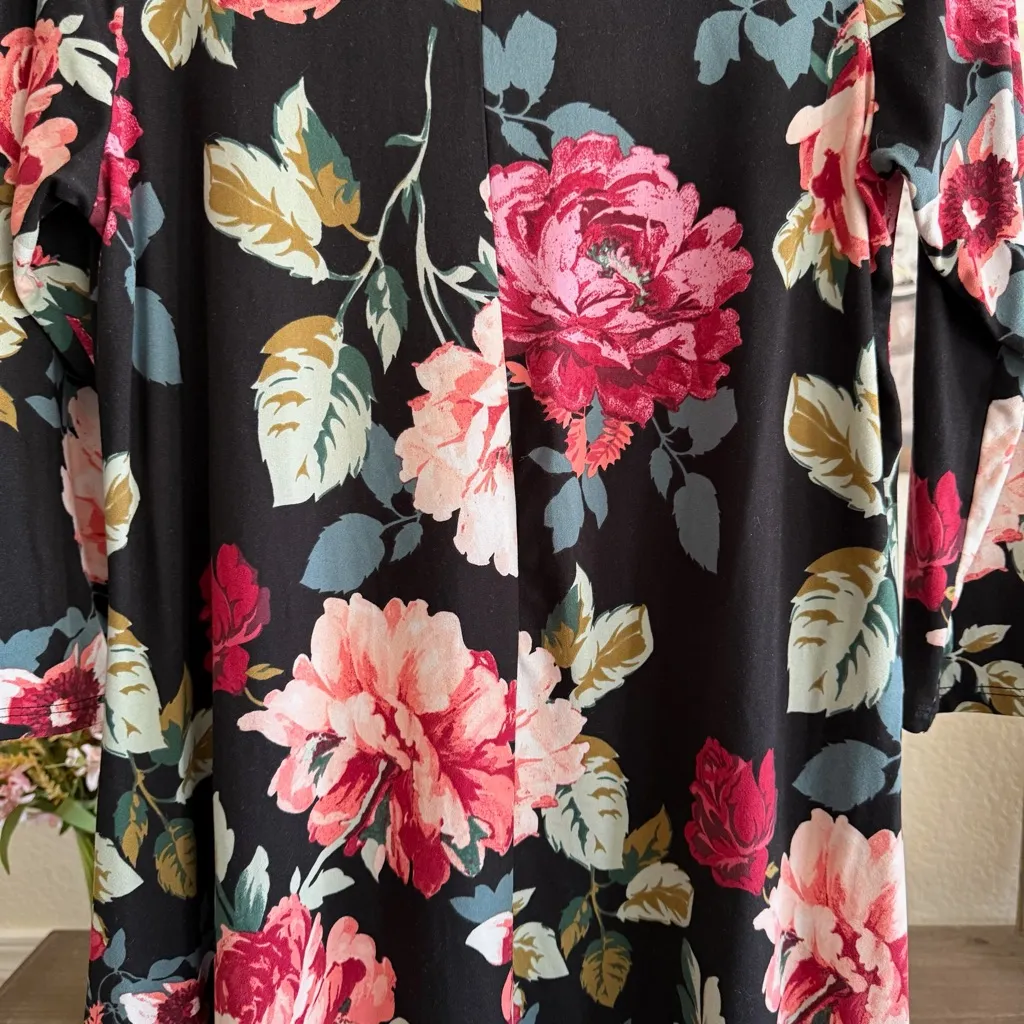 Fall Ready Black Floral Swing Dress Rose 3/4 Sleeve Stretch Knit A Line Medium Pink - Image 9