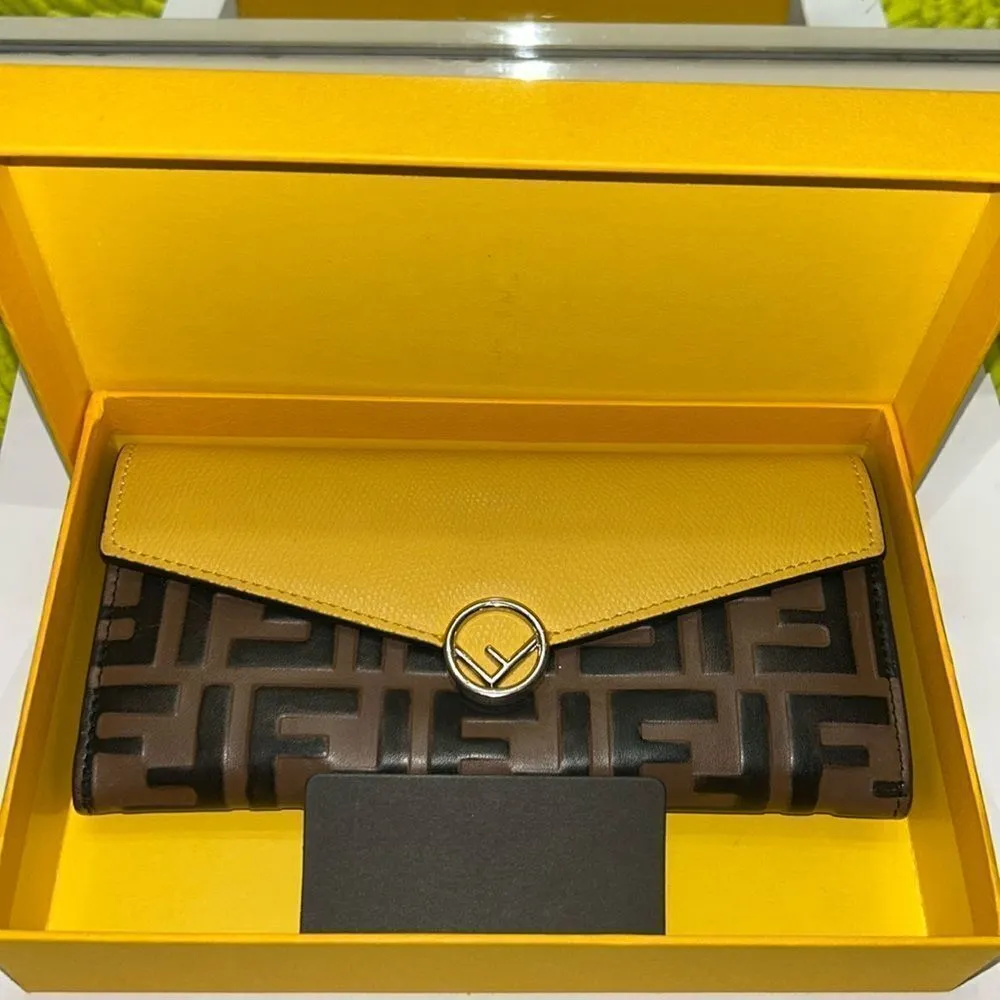 Authentic Fendi Leather Yellow & Brown FF Continental Long Wallet. - Image 16