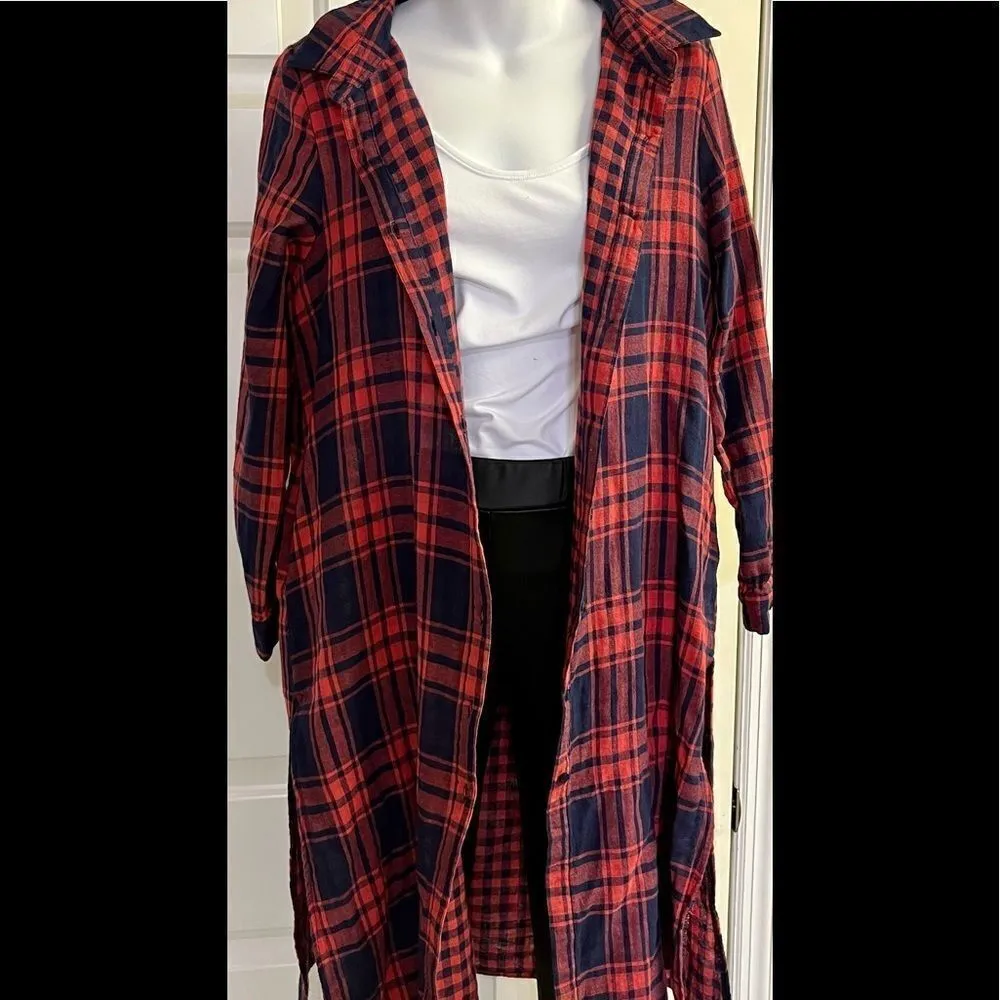 Monoreno Long Red and Navy Blue Plaid Oversized Flannel Dress Shirt- Medium - Image 4