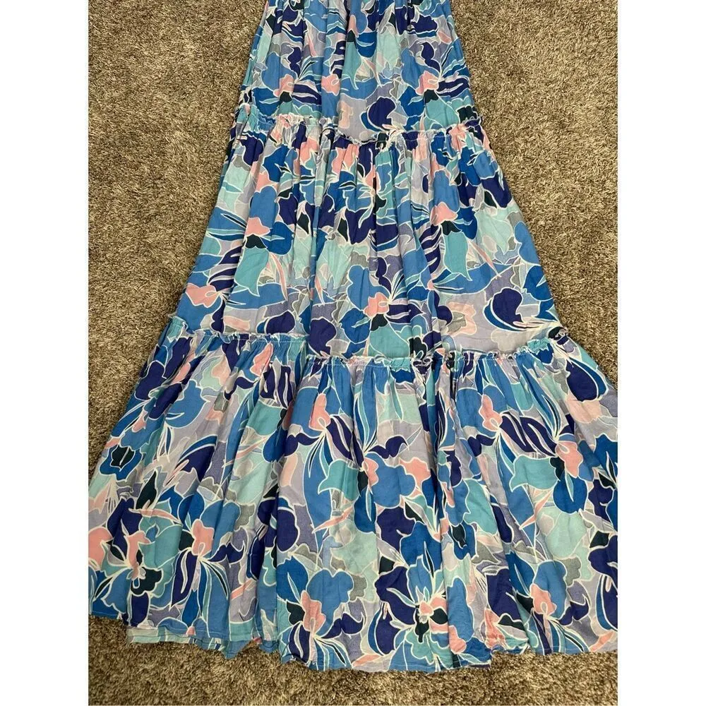able the label anthropologie smocked maxi strapless dress blue floral tiered XS - Image 6