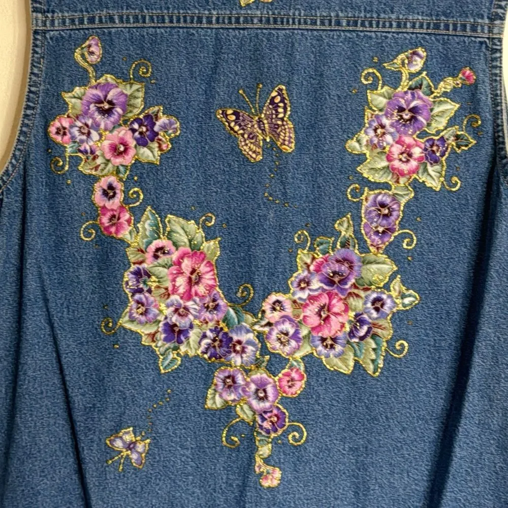 Vtg haiks embroidered floral butterflies button up denim vest long size small Blue - Image 10