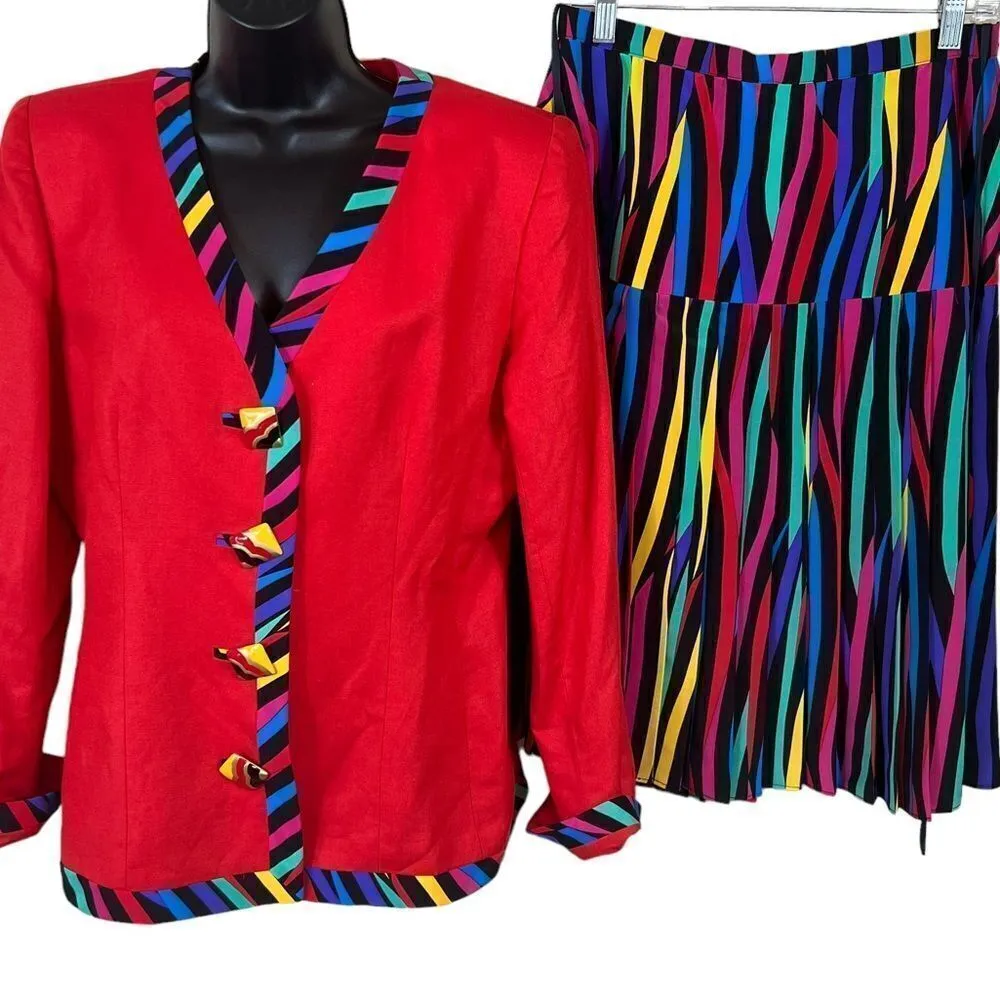 Vintage 80's Ann Lawrence Silk Blend Rainbow Striped Skirt Set Red Size 10 - Image 10
