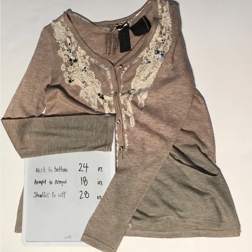 Miss Me Ombre Taupe Cardigan Crochet Front Button Down Pockets Sweater-Sz Sm New - Image 4