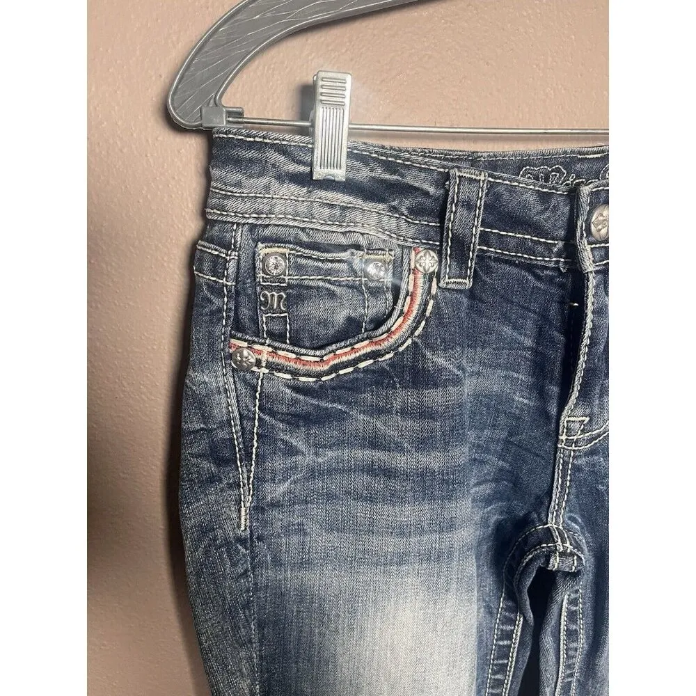 MISS ME Jeans Womens 28 30x33.5 Mid Rise Blue Distressed Denim Straight - Image 2