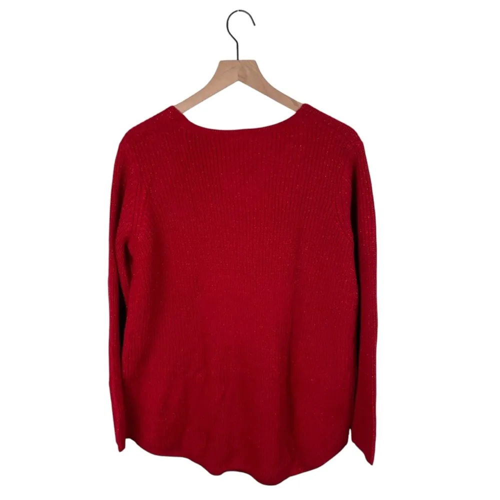 Faded Glory Ribbed Knit V-neck Sweater Metallic Thread Bright Red Size Large - Image 2