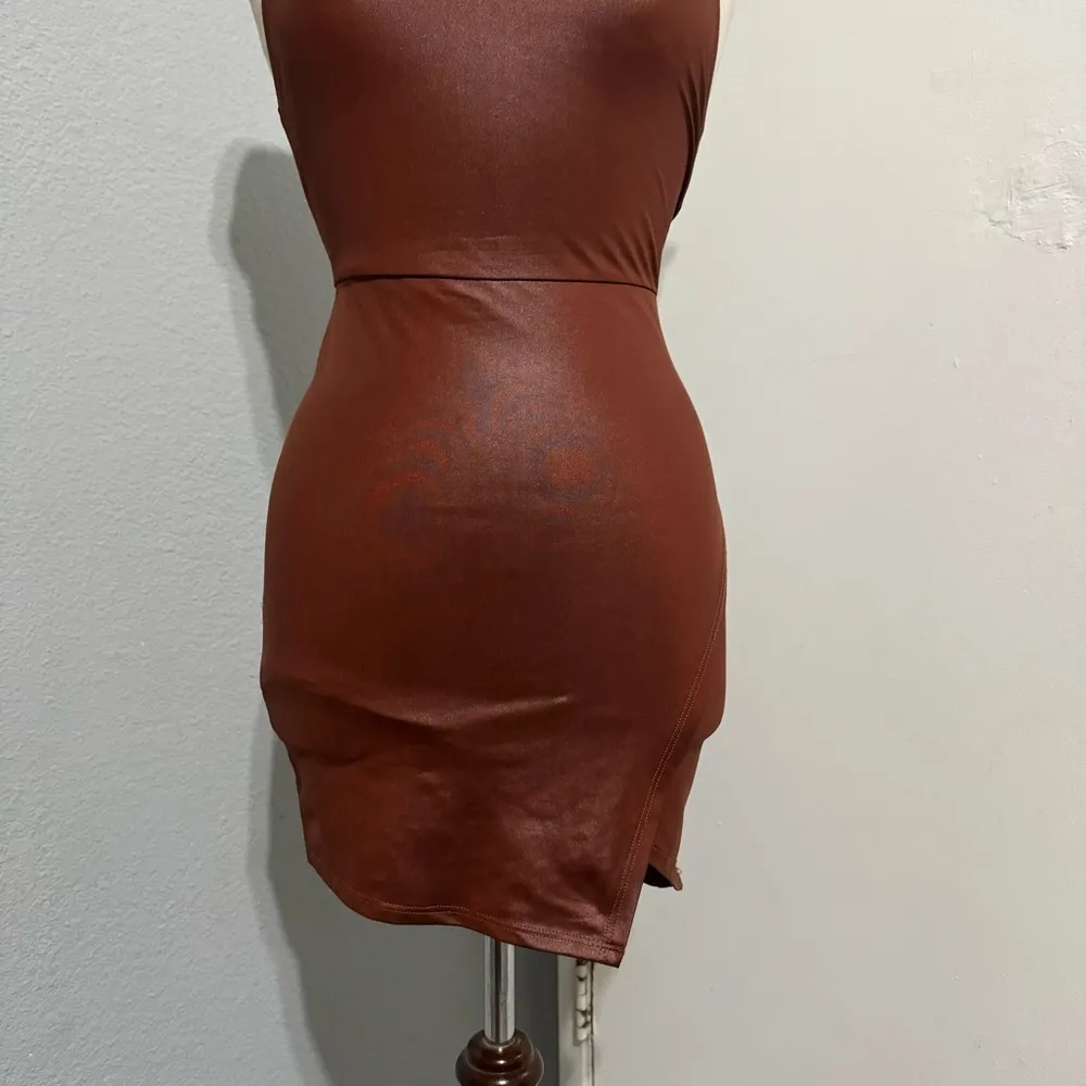 SHEIN Rust Brown Asymmetrical Hem Open Back PU leather Bodycon Party Dress Sz XS - Image 12