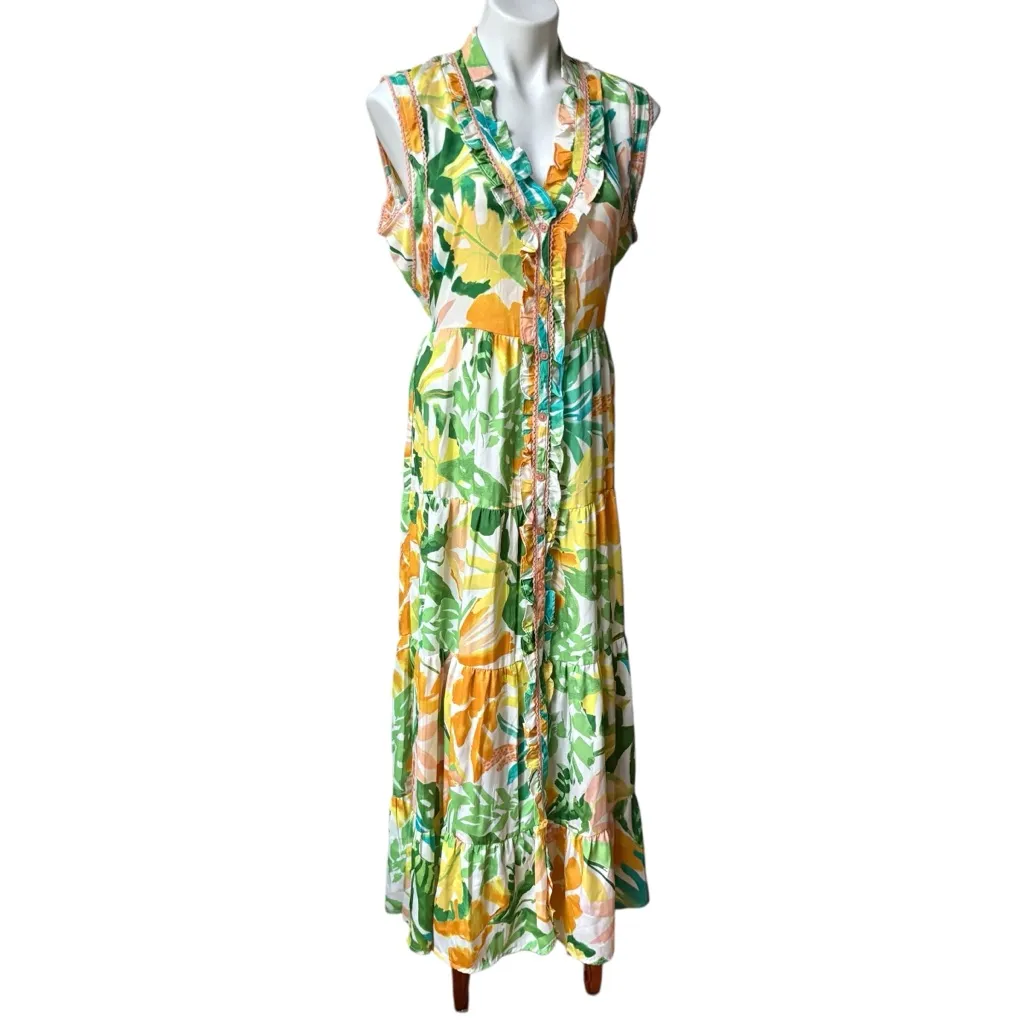 True Destinations Sleeveless Palm Print Tiered Button Down Maxi Dress, Sz XL Green - Image 4