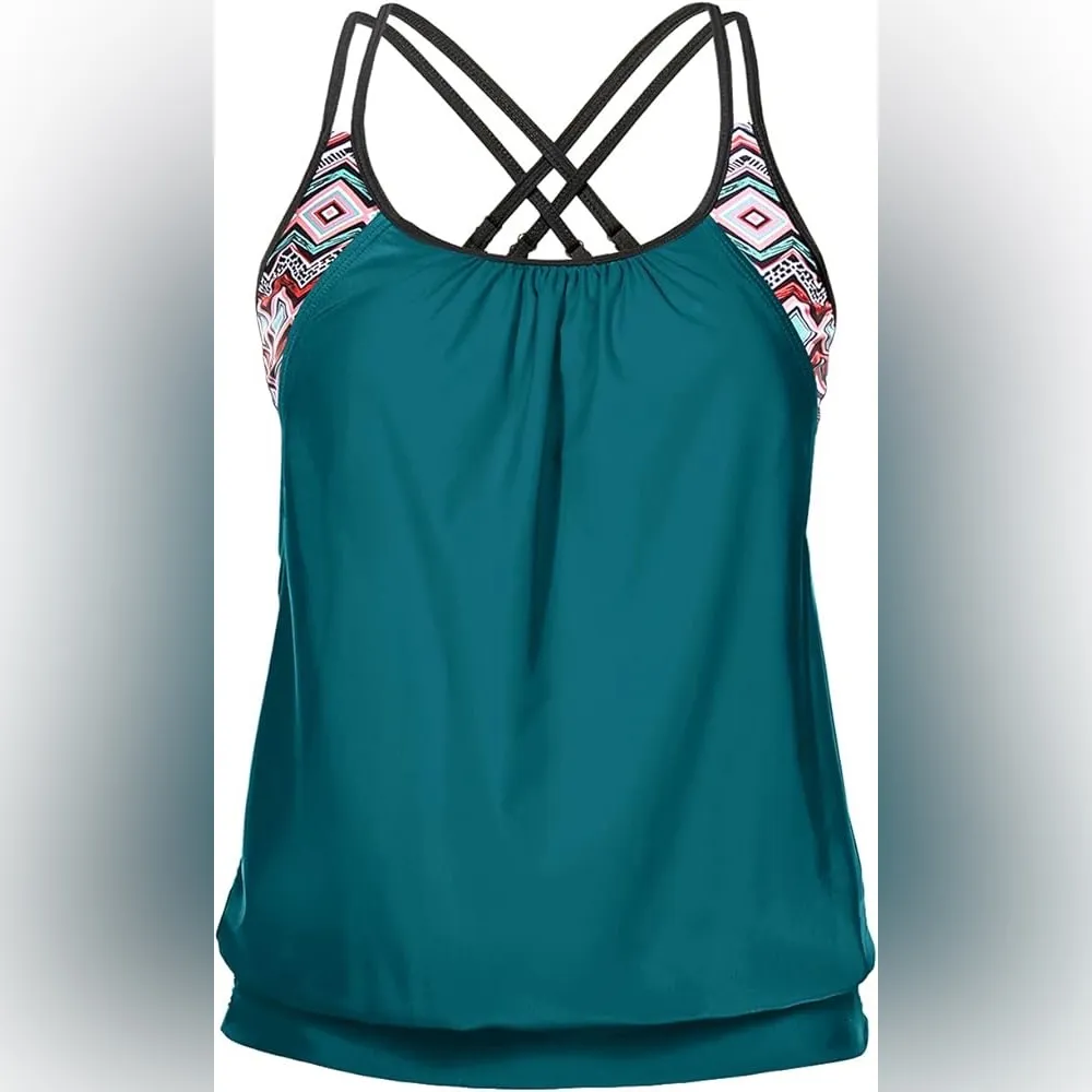 Holipick Tankini Top Blouson Tummy‎ Control Loose Fit Bathing Suit Top Size XL Green - Image 4