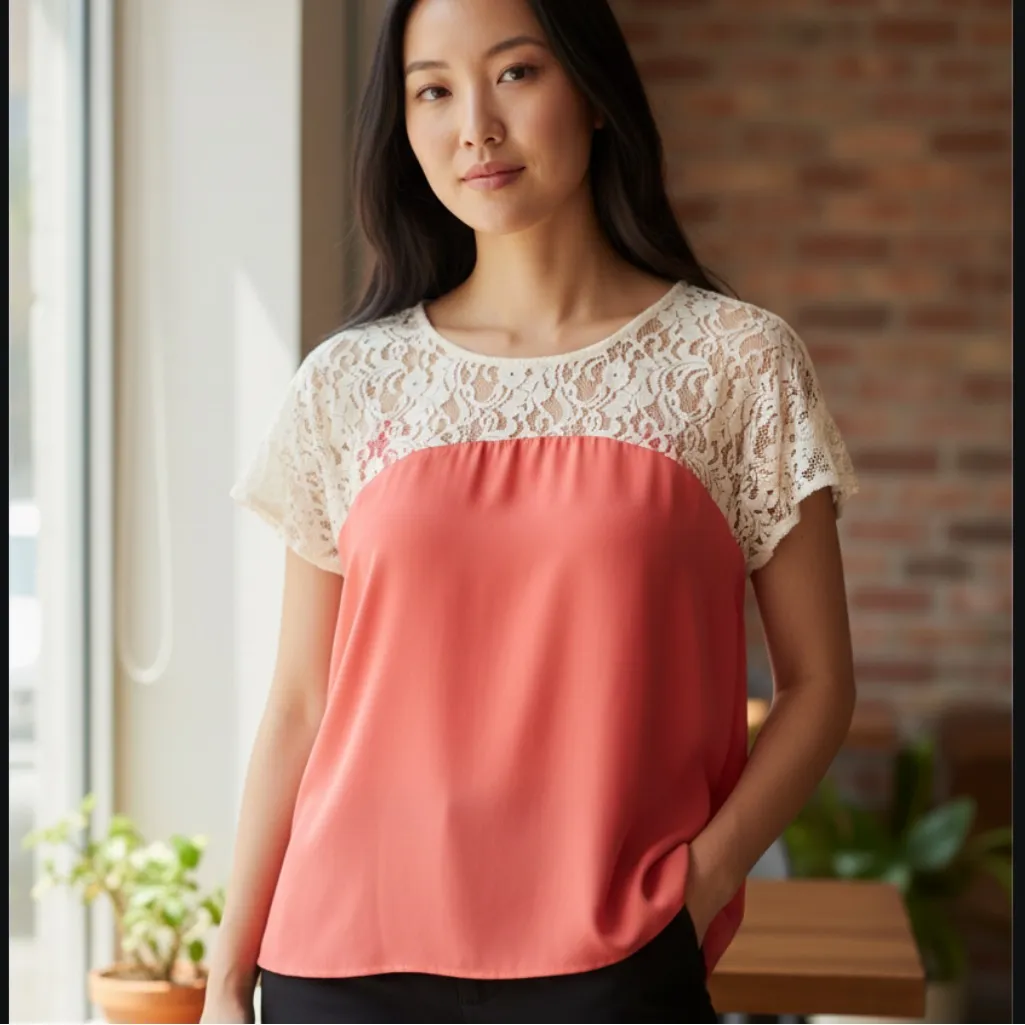 ANTHRO MAEVE PENUMBRA CORAL CREAM LACE SHORT SLEEVE ROUND NECK PULLOVER TOP M - Image 3