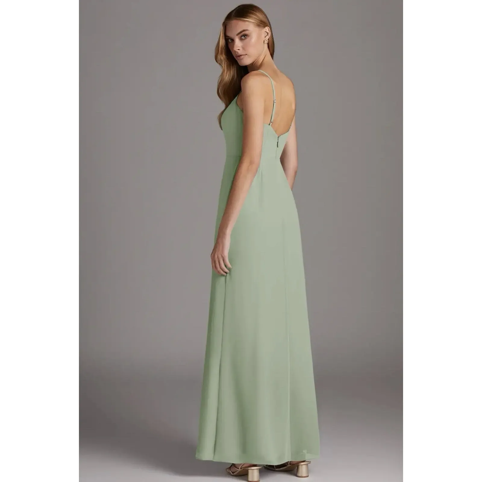 Azazie Tayla Floor‎ Length Chiffon Sheath Dress Size A2 Eucalyptus Bridesmaid - Image 2