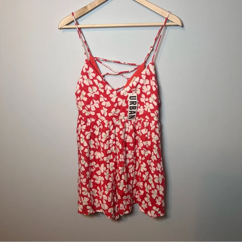 Urban Outfitters Blair Red Floral Shorts Romper Size M Playsuit Lace-up Ties NEW - Image 3