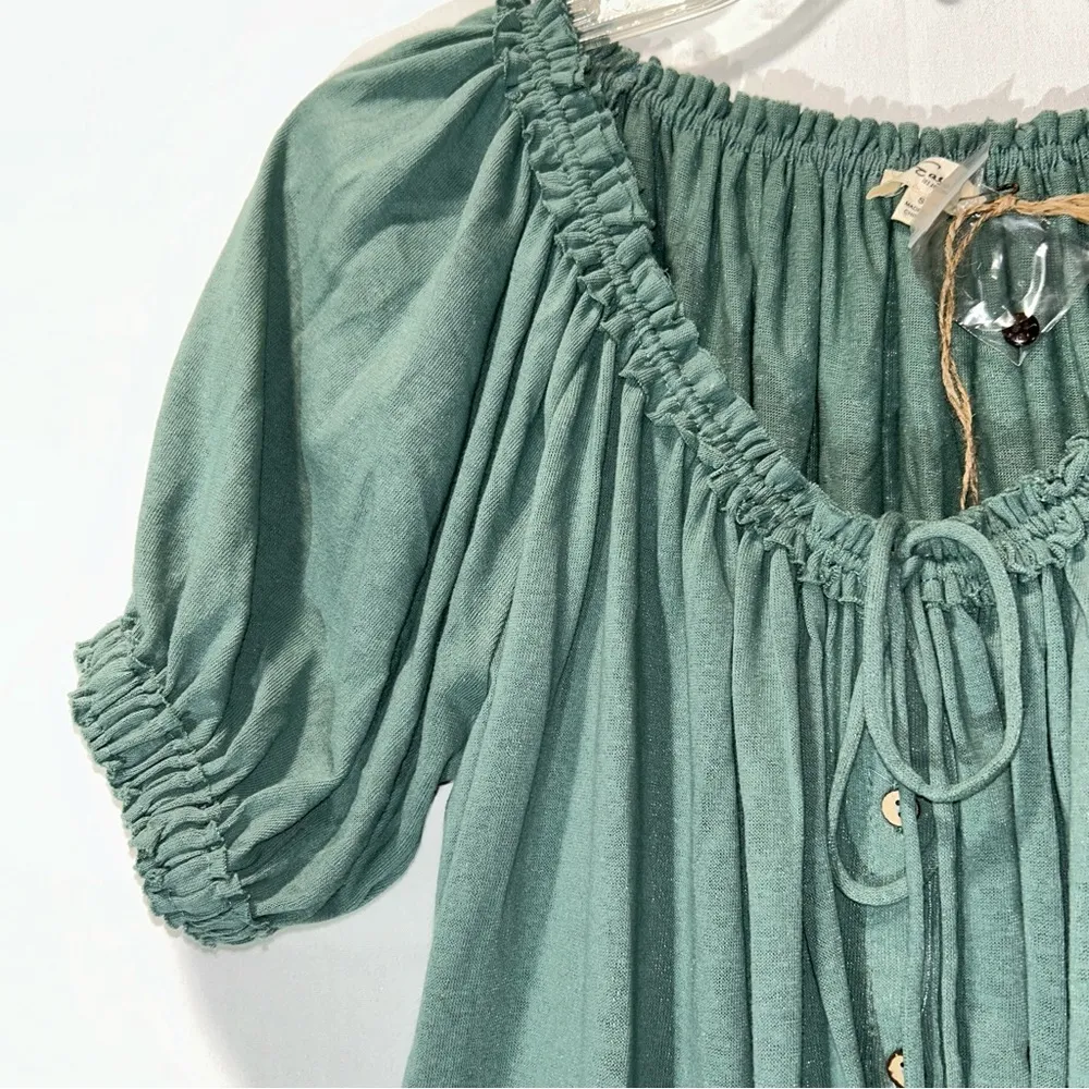 Easel Cotton Slub Button-Down Top with Double Ruffle Front Small - Image 5