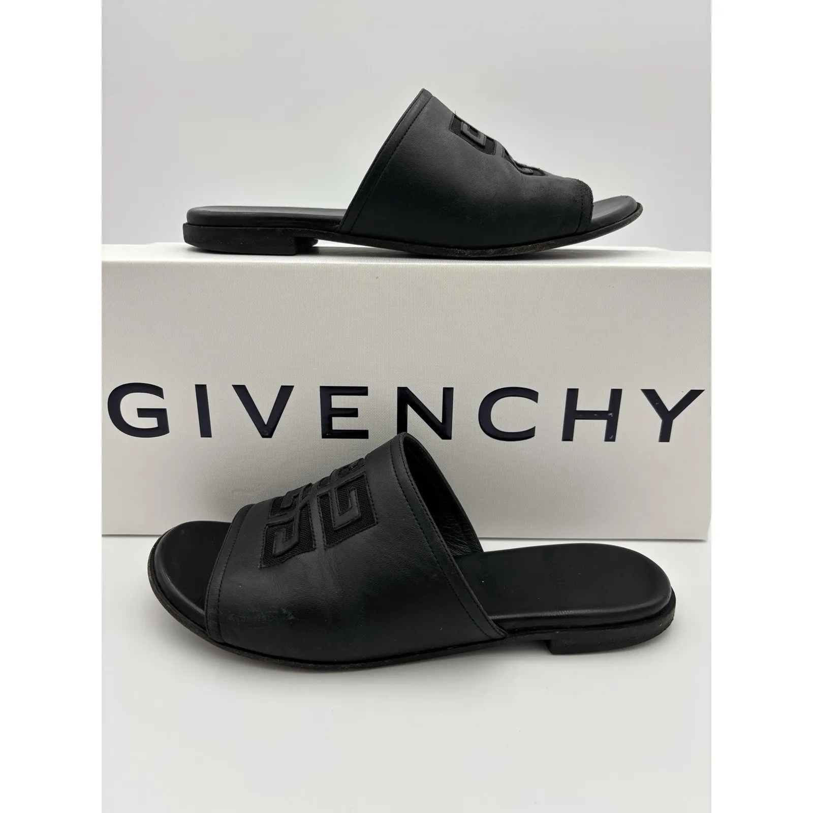 Authentic Givenchy Slides Flat Sandals Black Leather Mesh Logo Size 38.5 / 8.5 - Image 2