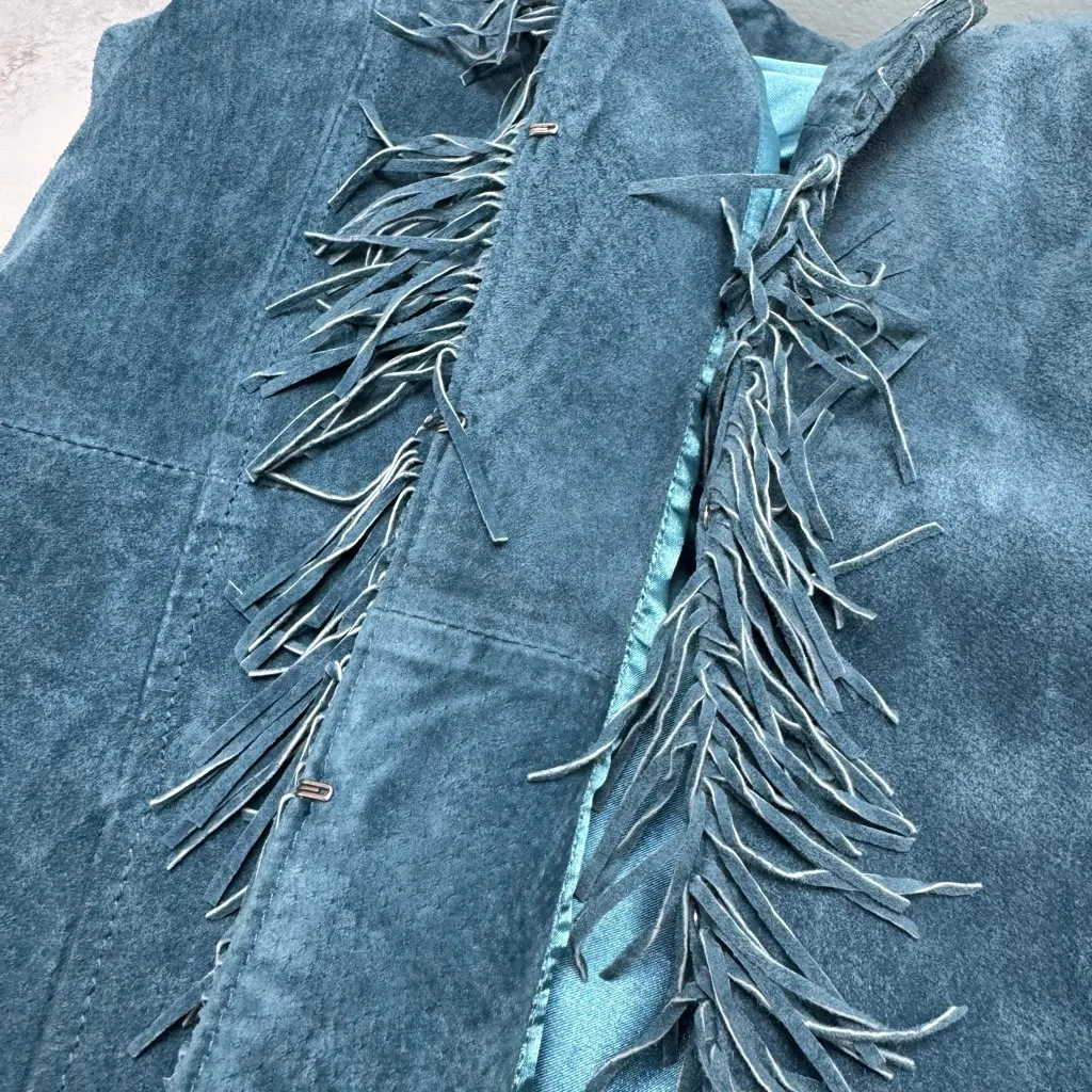 Pamela McCoy Suede Leather Jacket with Fringe Tassels, Size L Teal Blue Size L - Image 10