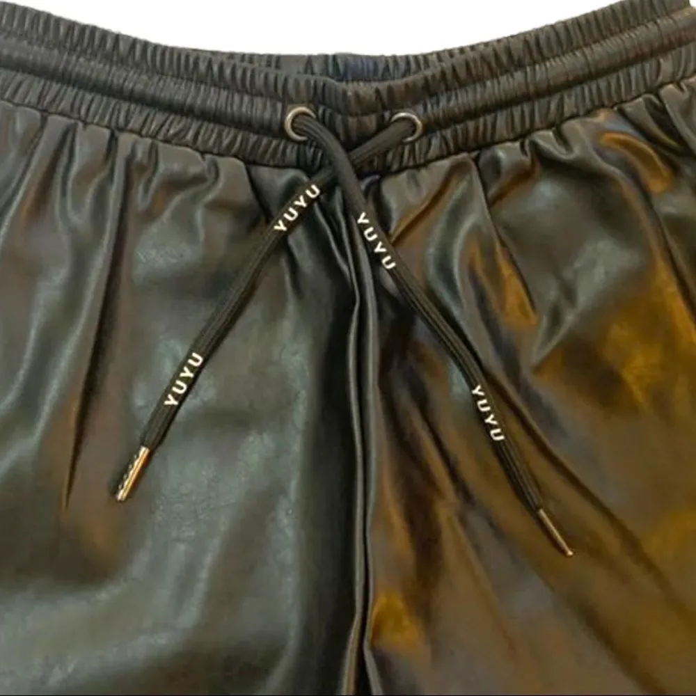 YUYU 100% Black Leather Retro Sporty Shorts Adjustable Drawstring Size XS Black - Image 2